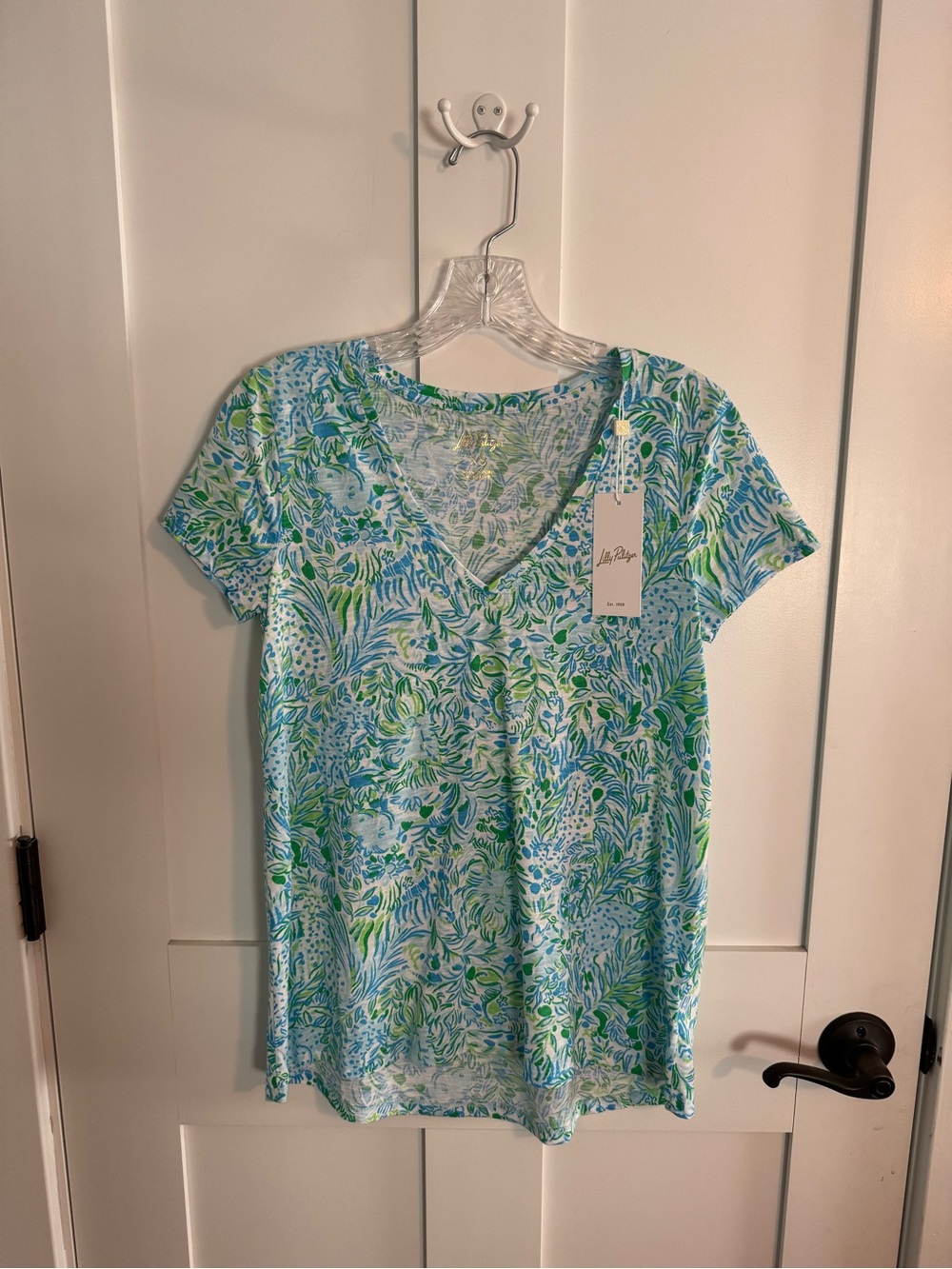 Women's Etta V-Neck Short Sleeve Top in Blue & Green Print size XS